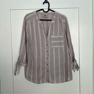 Anne Klein Womens Shirt Blouse Large Brown White Button Front Stripe Tie Sleeve